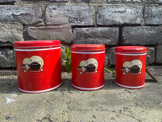 Vintage Red Tin Canisters with Kettle and Teacup Graphics. Circa 1940's
