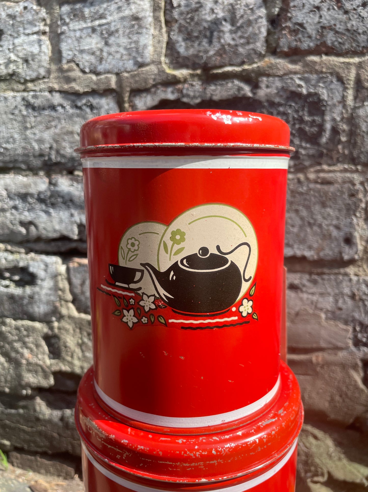 Vintage Red Tin Canisters with Kettle and Teacup Graphics. Circa 1940's