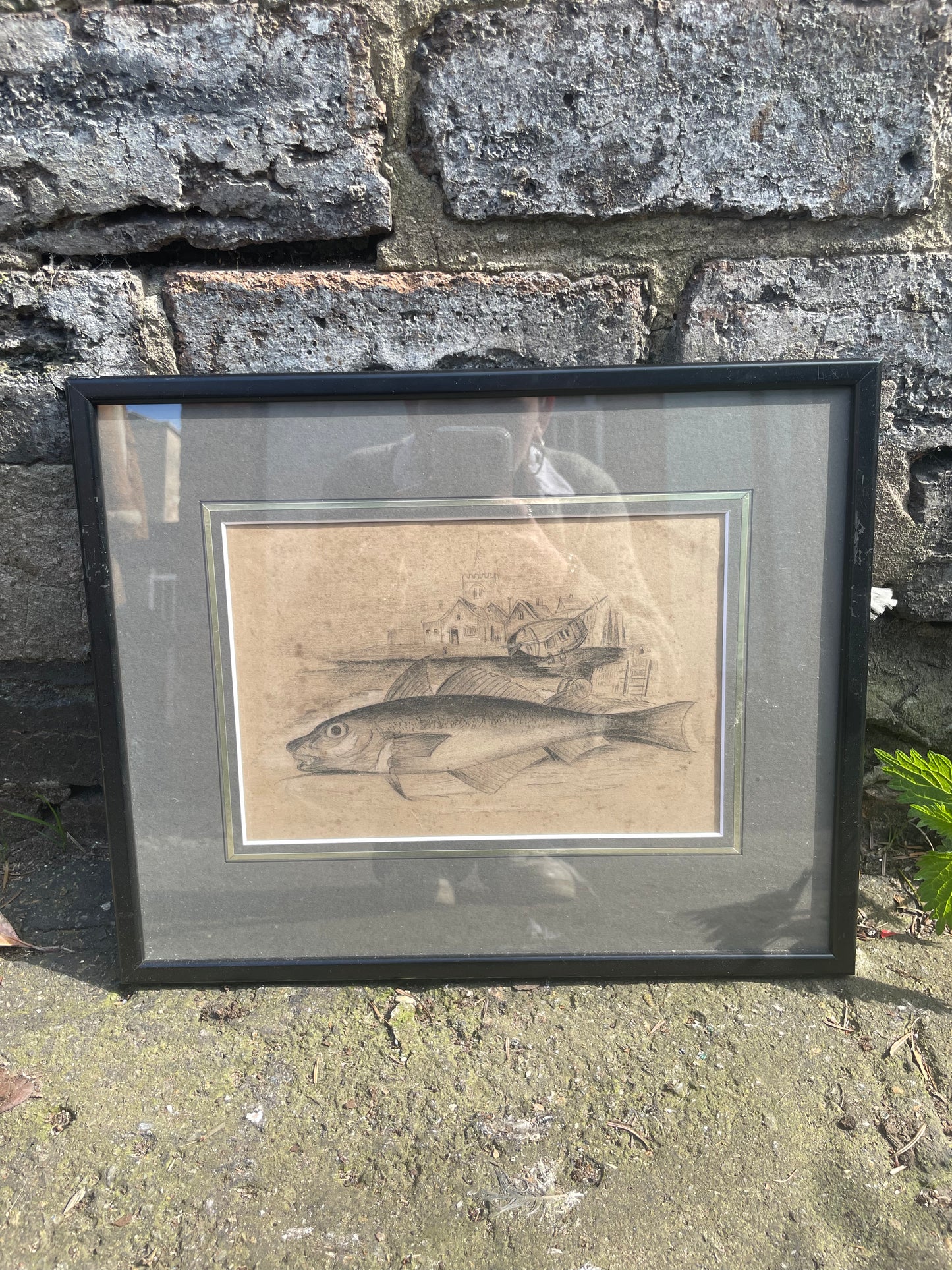 Original antique Scottish Fisherman Note Pad Pencil Sketch of a Saltwater Fish within a harbour