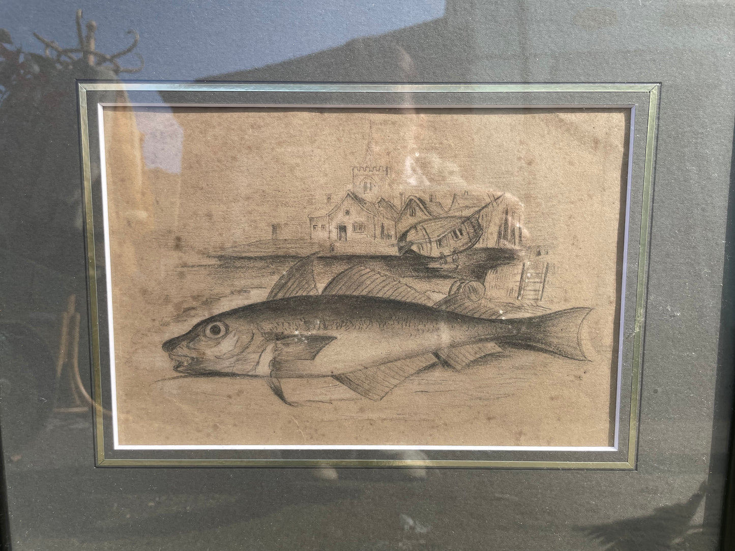 Original antique Scottish Fisherman Note Pad Pencil Sketch of a Saltwater Fish within a harbour