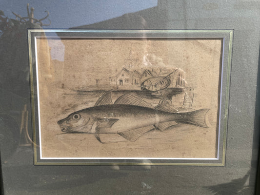 Original antique Scottish Fisherman Note Pad Pencil Sketch of a Saltwater Fish within a harbour