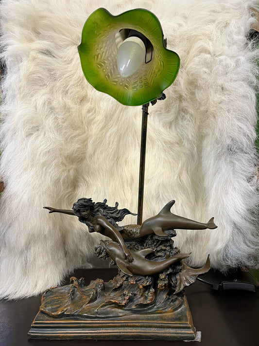 Vintage Mermaid Swimming with dolphins bronze lamp