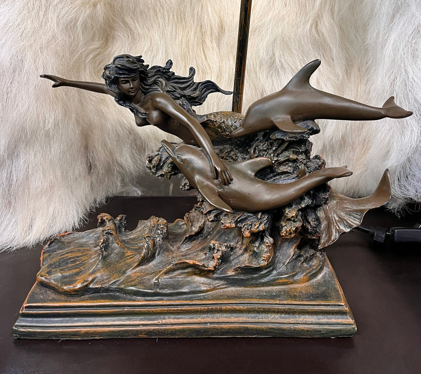 Vintage Mermaid Swimming with dolphins bronze lamp