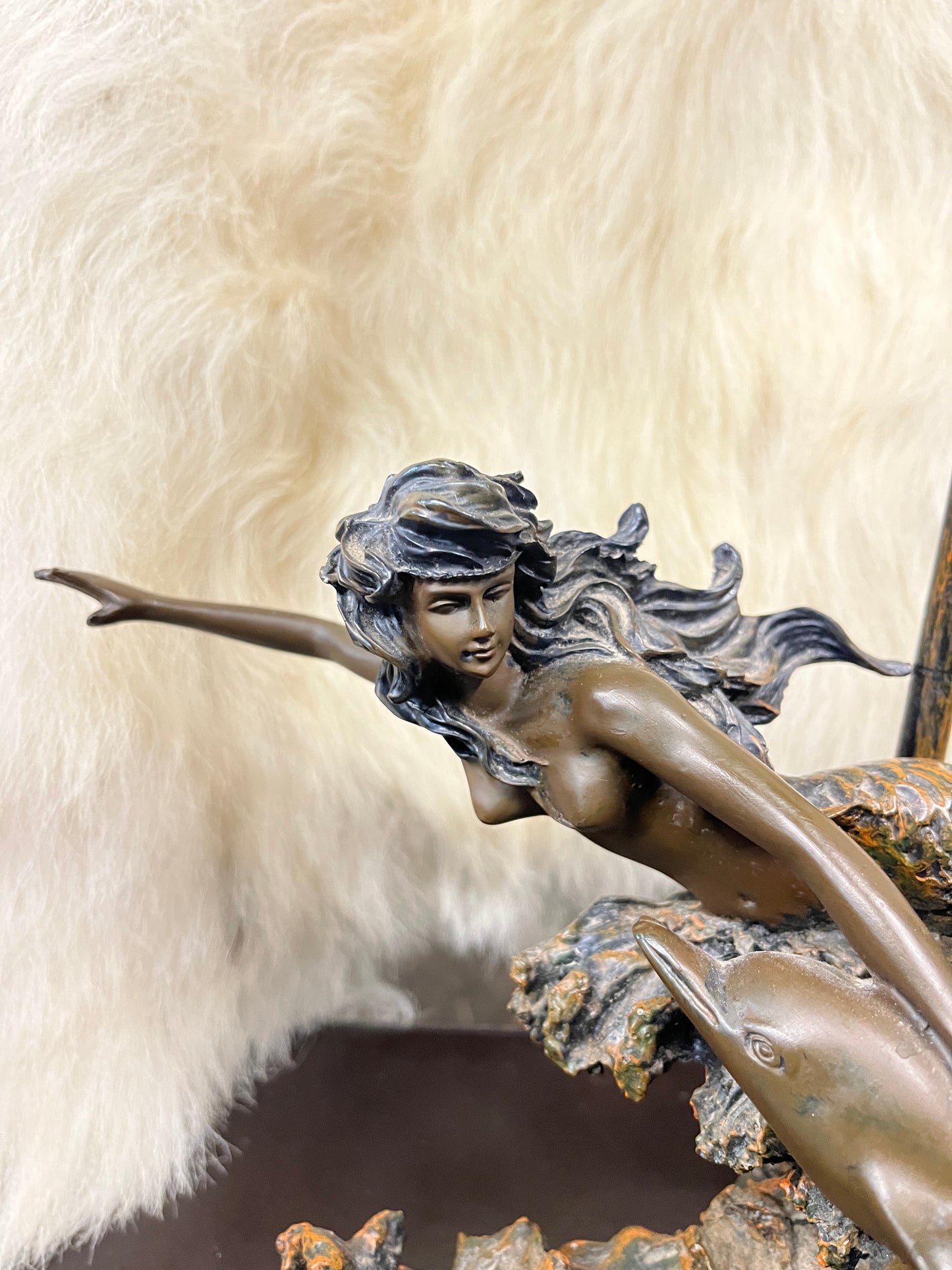 Vintage Mermaid Swimming with dolphins bronze lamp