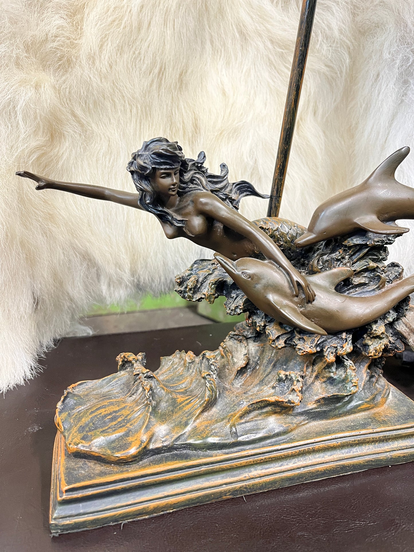 Vintage Mermaid Swimming with dolphins bronze lamp