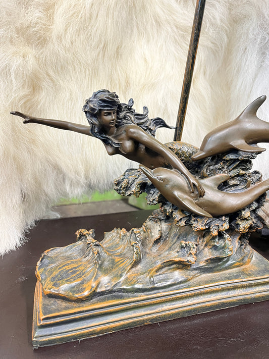 Vintage Mermaid Swimming with dolphins bronze lamp