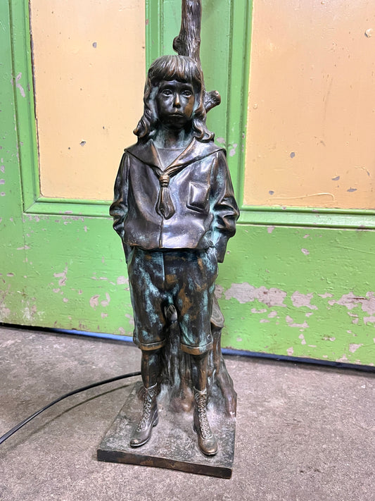 Art Nouveau 1910-20 Bronze Lamp - Boy standing next to a tree