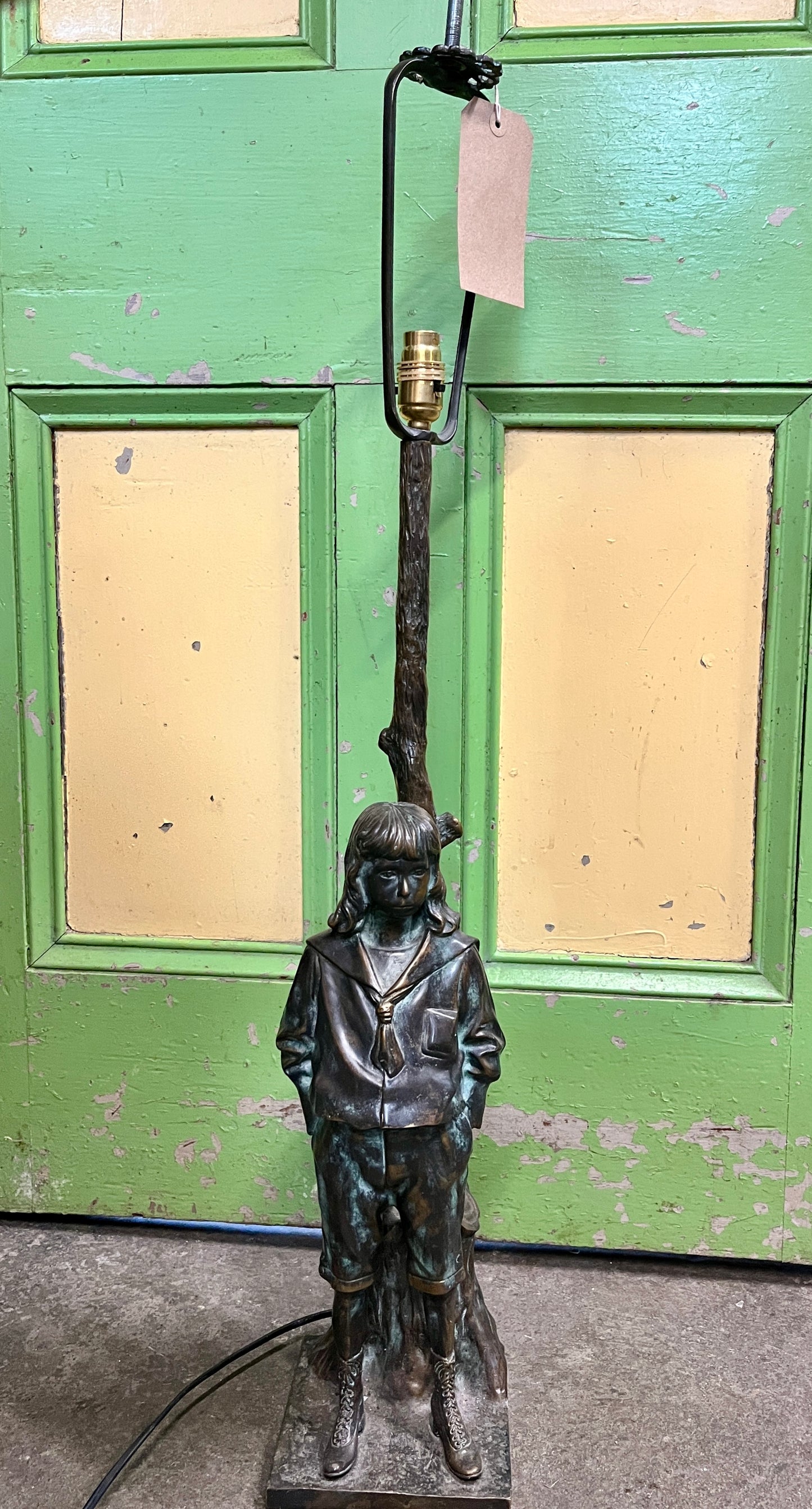 Art Nouveau 1910-20 Bronze Lamp - Boy standing next to a tree