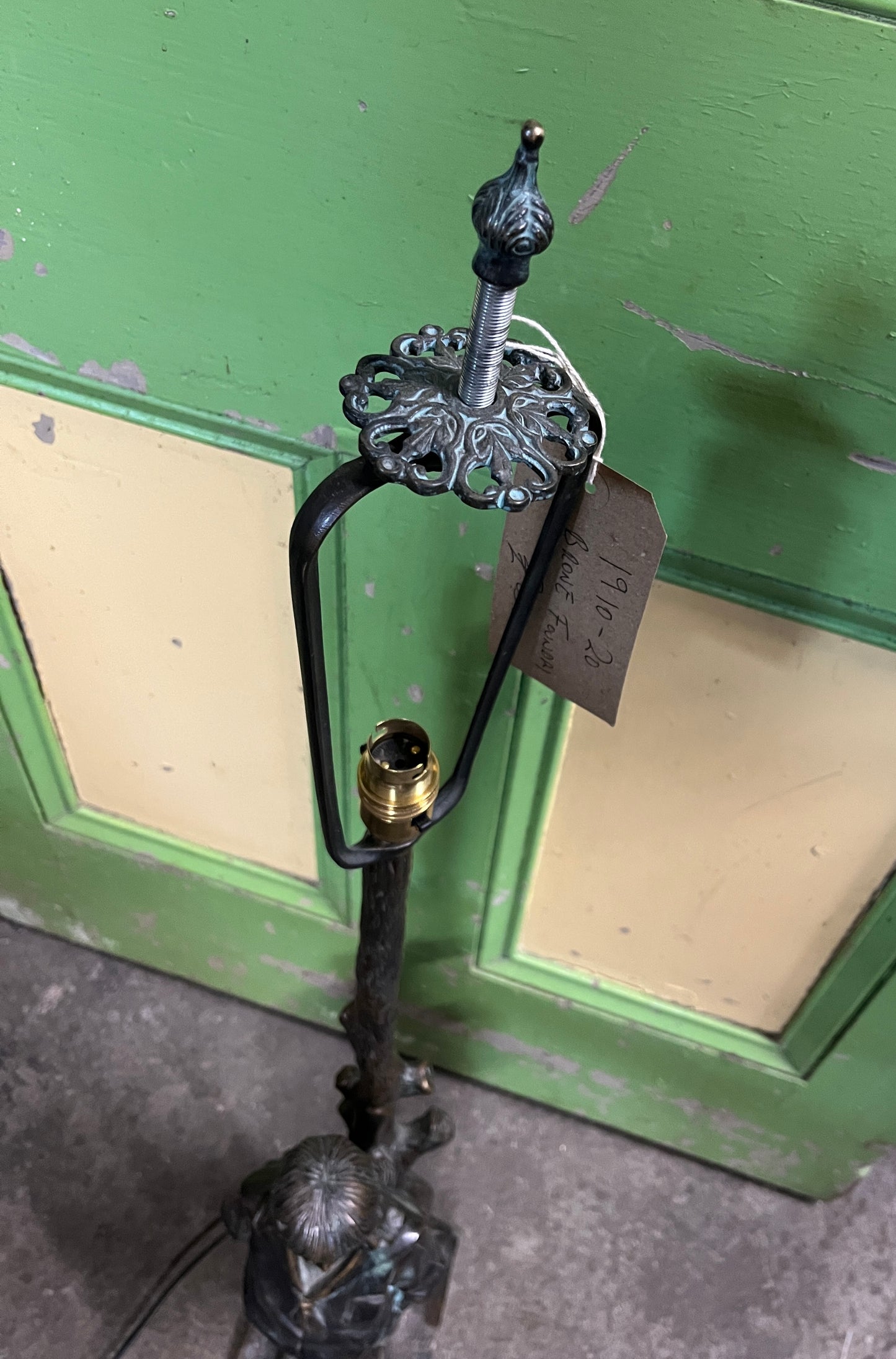 Art Nouveau 1910-20 Bronze Lamp - Boy standing next to a tree