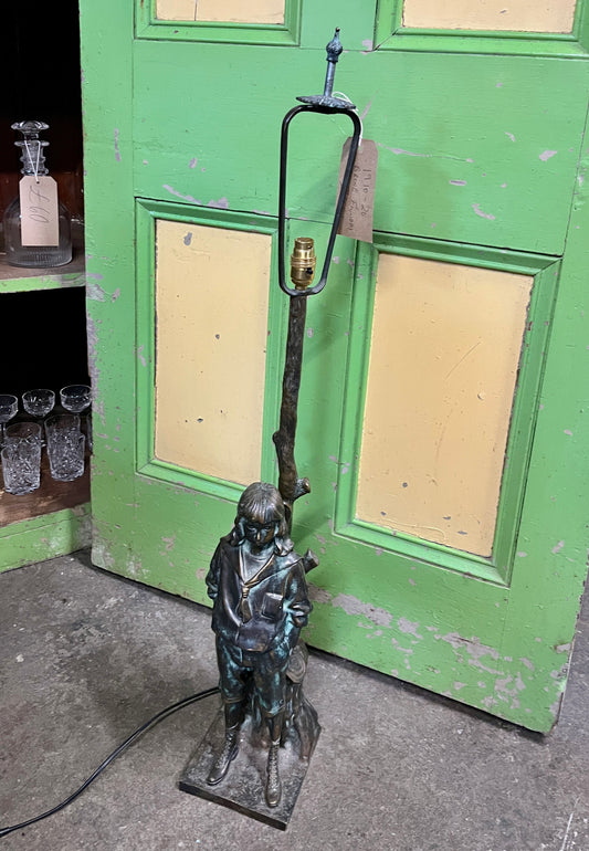 Art Nouveau 1910-20 Bronze Lamp - Boy standing next to a tree