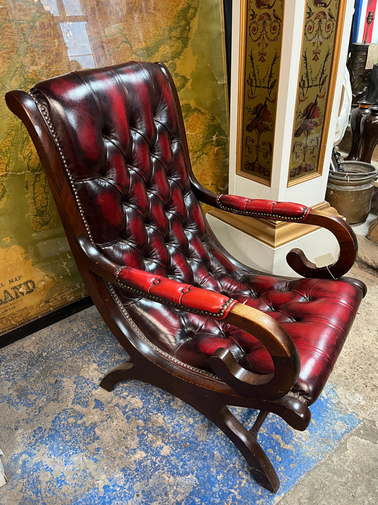 Burgundy Red Leather Chesterfield Slipper Armchair with button back