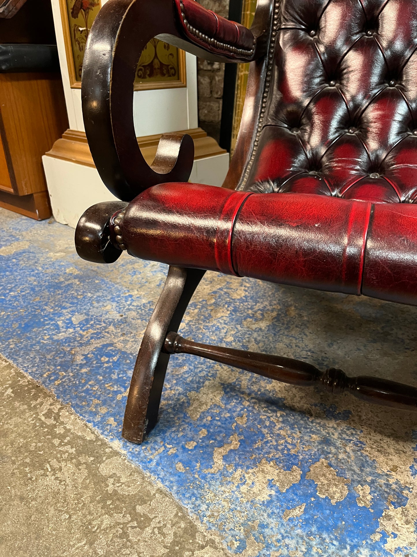 Burgundy Red Leather Chesterfield Slipper Armchair with button back