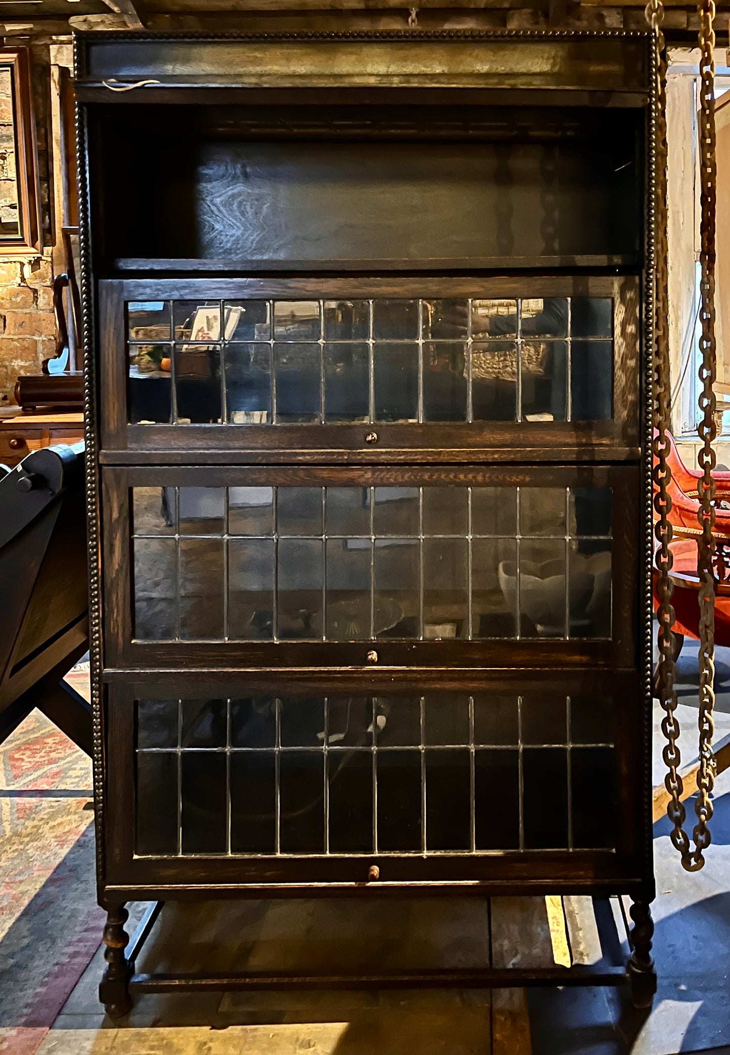 Handsome Antique Globe Wernicke Four Section Stacking Bookcase with leaded glass