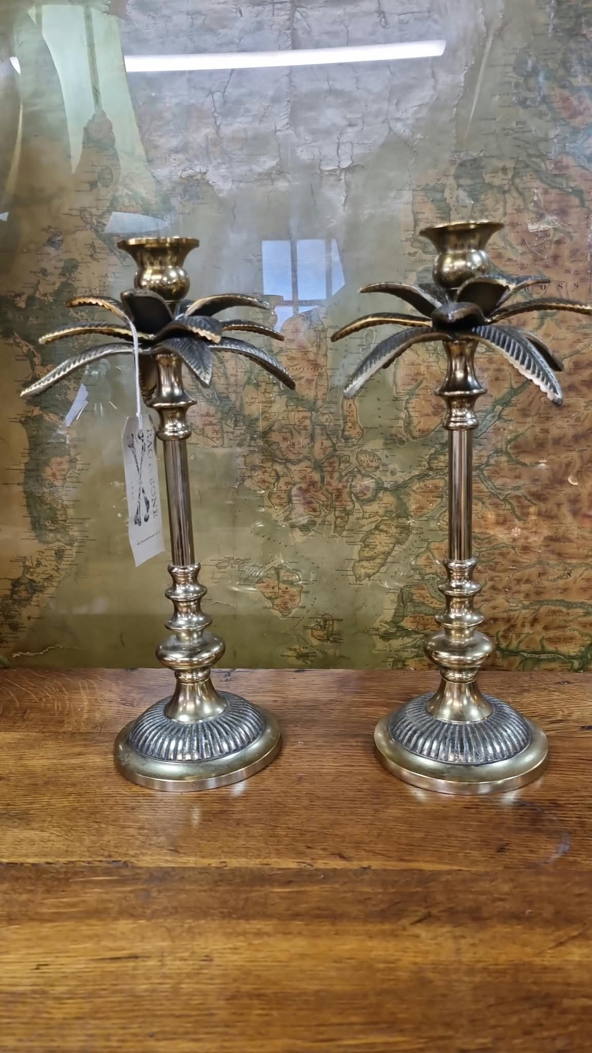 Pair of Palm Brass Candlesticks